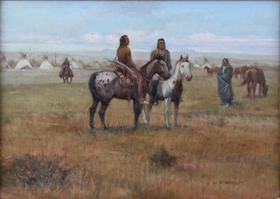 William Steve Seltzer, 1955-, Native Americans on Horseback, Oil on Board