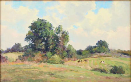 Bernard Corey, American 1914-2000, Pastoral Landscape with Cows, Oil on Board