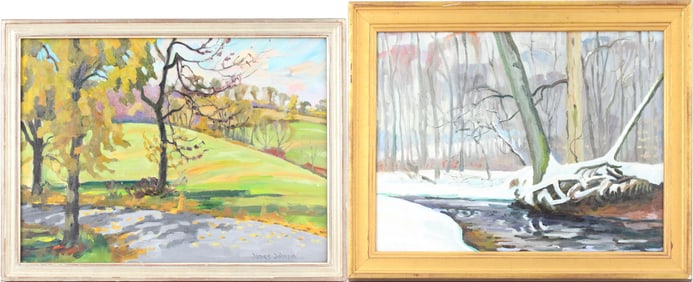 James Johnson, Two Riverscapes, Oil on Board