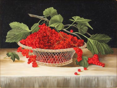 Red Currents in a Basket, Oil on Board