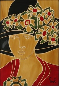Woman with Flowers on Hat, Enamel on Paper