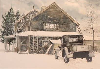 Peter Sculthorpe, Candadian/American 1948, Ford Truck Near Cabin in Winter, Watercolor on Paper