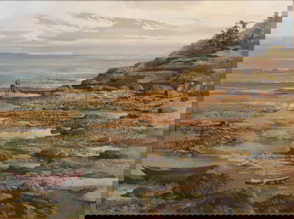 Laurence Philip Sisson, American 1928-2015, Clamdigger, Oil on Board: Laurence Philip SissonAmerican, 1928-2015ClamdiggerOil on BoardSigned l.l., labeled verso from Midtown Payson Gallery, Hobe Sound, FL.Sight: 35 1/2 x 47 1/2 in. (90.2 x 120.7 cm.), Frame: 46 1/4 x 58