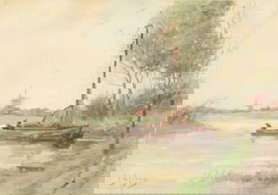 Jan "de" (1863) Jong, 1863-1901, Fishing Barque and Windmills, Watercolor