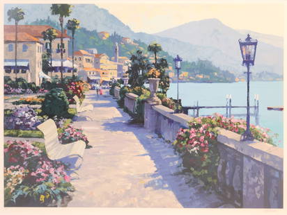 Howard Behrens, American 1933-2014, Bellagio Promenade, Lithograph: Howard BehrensAmerican, 1933-2014Bellagio PromenadeLithographSigned in pencil l.r. numbered l.l. XL/C.Sight: 31 1/2 x 42 in. (80 x 106.7 cm.), Frame: 43 1/4 x 53 1/2 in. (109.9 x 135.9 cm.)