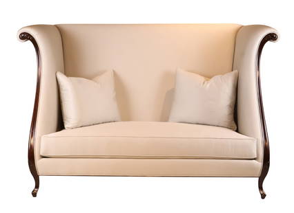 Christopher Guy Modern High Back Settee: Christopher Guy Modern High Back SetteeWith mahogany frame and beige upholstery.48 x 76 x 31 1/2 in. (121.9 x 193 x 80 cm.)