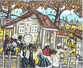 Alvin Batiste, American 1962-, People, Meaking Hog Crakrling on the Plantation, Acrylic on Canvas