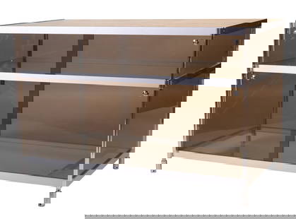 Modern Glass Top and Chrome Storage Cabinet: Modern Glass Top and Chrome Storage CabinetWith dark grey plexiglass sides and doors.Lacking some hardware, tape residue.26 x 40 3/4 x 22 in. (66 x 103.5 x 55.9 cm.)