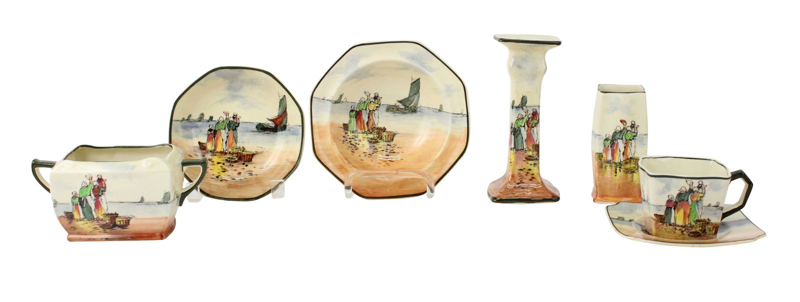 Royal Doulton "Fisherfolk a Brittany" Dinnerware: Royal Doulton "Fisherfolk a Brittany" Dinnerware"Waving Goodbye", Comprising, 5 teacups and saucers, a candlestick, a vase, a sugar bowl, and two small bowls. 15 piecesDetailed condition reports avail