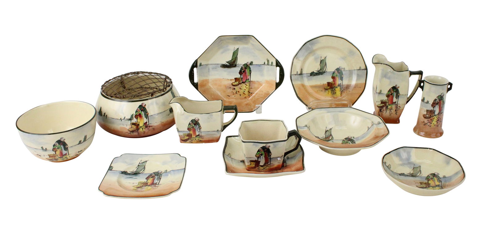 Royal Doulton "Fisherfolk a Brittany" Dinnerware: Royal Doulton "Fisherfolk a Brittany" Dinnerware"Old Woman and Young Girl", Comprising, 4 teacups and 2 saucers, a vase, 2 pitchers, a creamer, a frog, 10 assorted plates and bowls. 21 piecesDetailed