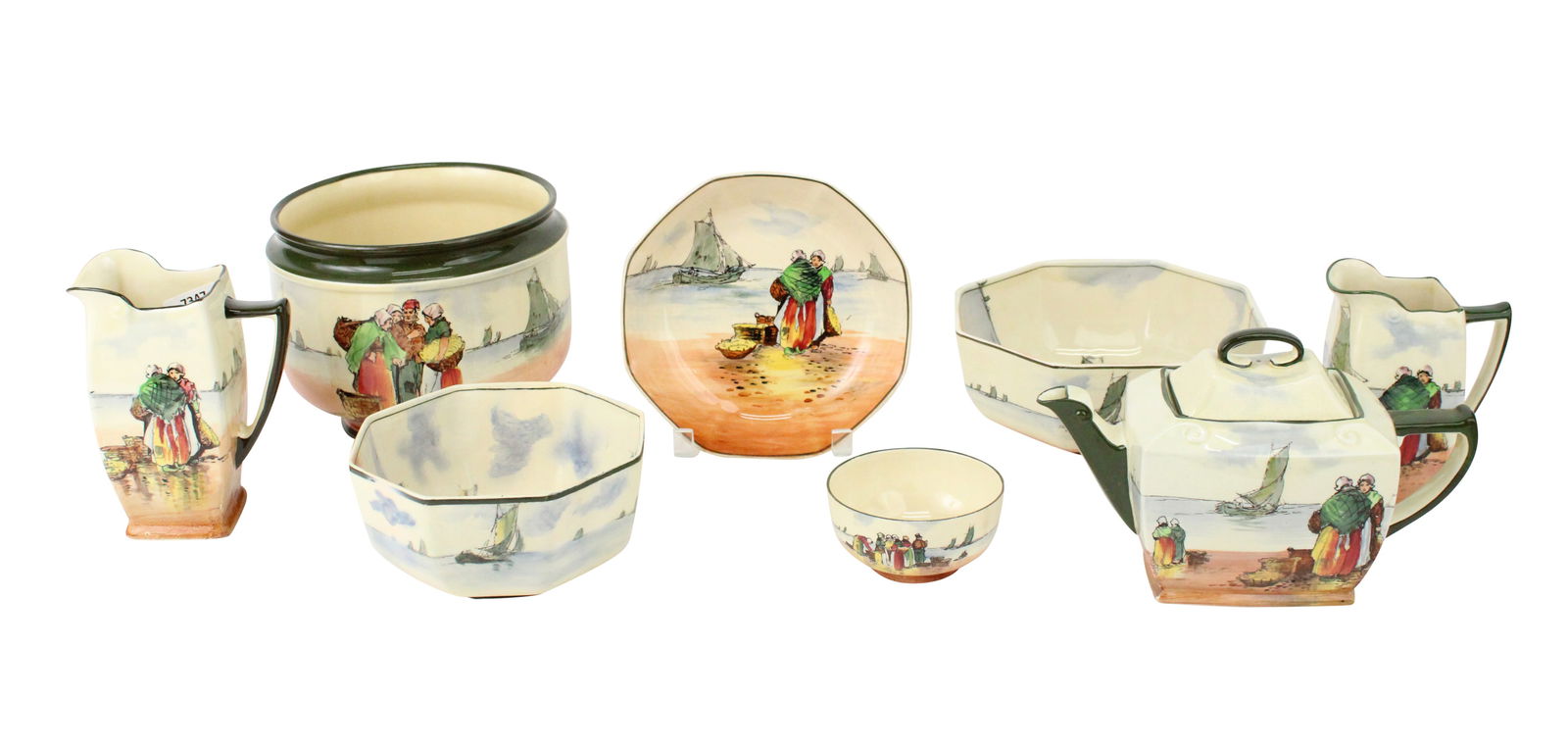 Royal Doulton "Fisherfolk a Brittany" Dinnerware: Royal Doulton "Fisherfolk a Brittany" Dinnerware"Two Figures Facing the Sea", Comprising, 2 pitchers, 2 teapots, 4 serving bowls, 8 soup bowls, a jardiniere, and 4 small dishes. 21 piecesDetailed cond