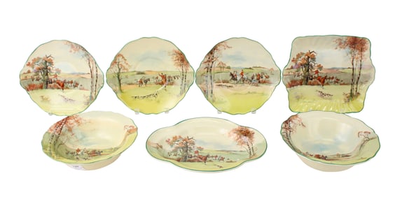 Seven Royal Doulton "Fox Hunting" Serving Pieces