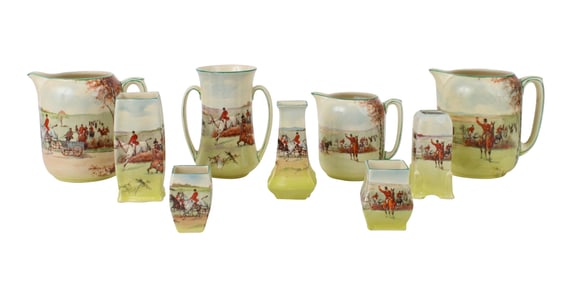 Six Royal Doulton "Fox Hunting" Bud Vases