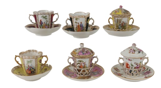 Six Dresden Floral Decorated Porcelain Cups and Plates