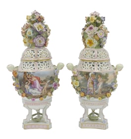 Pair of Tall Dresden Reticulated and Gilt Covered Urns