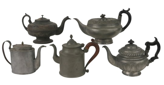 Five Tin and Pewter Teapots