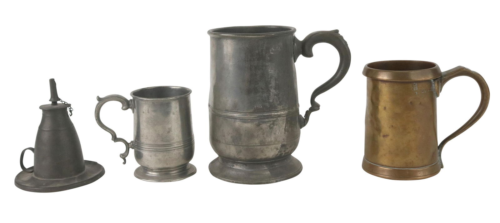 Molyneux American Pewter Whale-Oil Chamberstick: Molyneux American Pewter Whale-Oil ChamberstickAlong with 18th/19th C. pewter tulip-shaped lady's can, a Georgian brass 1-pint can, and a large unmarked pewter can.Chamberstick: 4 3/4 x 4 x 4 in. (12.