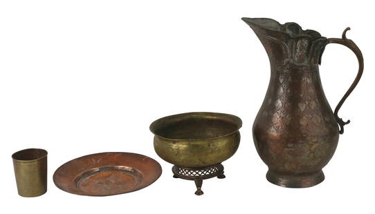 Indo-Persian Silvered-Copper Ewer: Indo-Persian Silvered-Copper EwerTogether with 18th C. brazier, 19th C. Judaica brass bowl, an early brass hand-turned plate, and an 18th C. brass beaker.Ewer: 14 1/4 x 11 x 7 in. (36.2 x 27.9 x 17.8