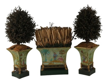 Three Topiaries in Painted Tole Urns