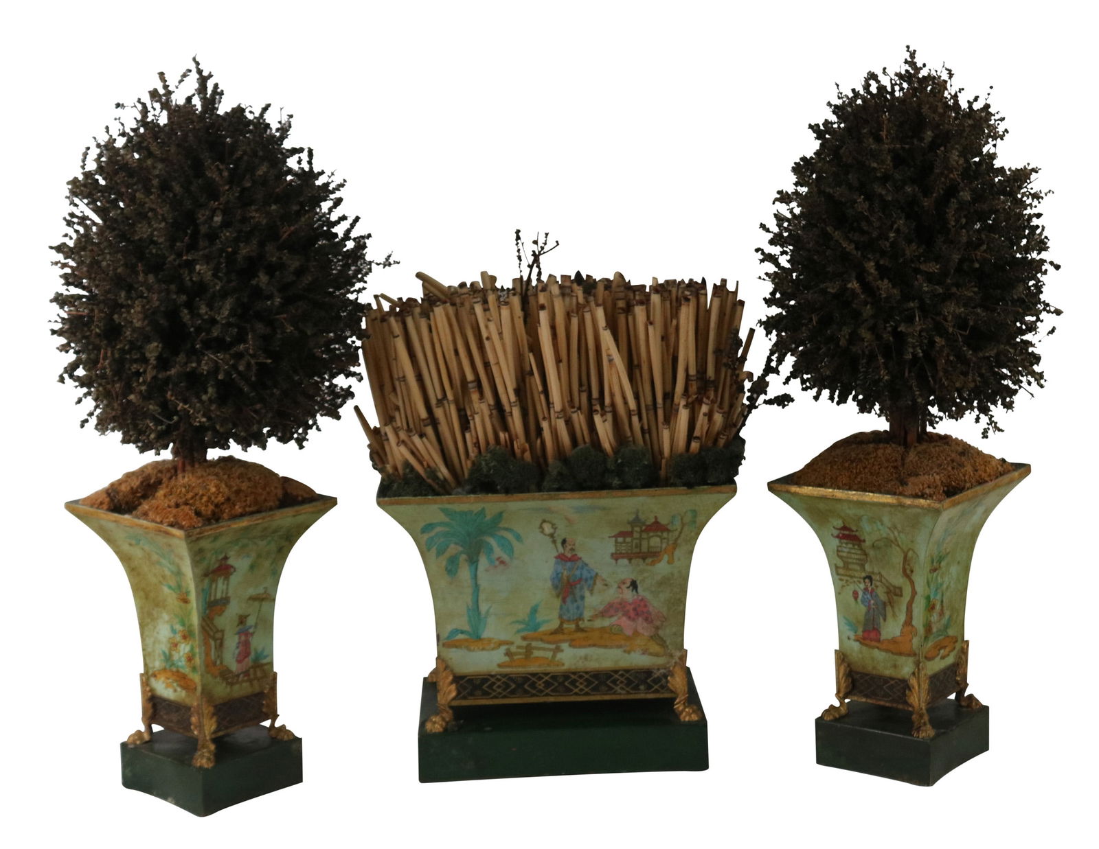 Three Topiaries in Painted Tole Urns: Three Topiaries in Painted Tole Urns20th/21st C.Tallest: 26 1/2 x 7 1/4 x 7 1/4 in. (67.3 x 18.4 x 18.4 cm.)