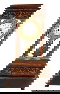 French Empire Fruitwood Inlay and Ormolu Mounted Portico Clock: French Empire Fruitwood Inlay and Ormolu Mounted Portico Clock19th C. on associated wood stand.Losses to veneer, wear, surface distress.Clock: 18 x 9 1/2 x 5 1/4 in. (45.7 x 24.1 x 13.3 cm.)