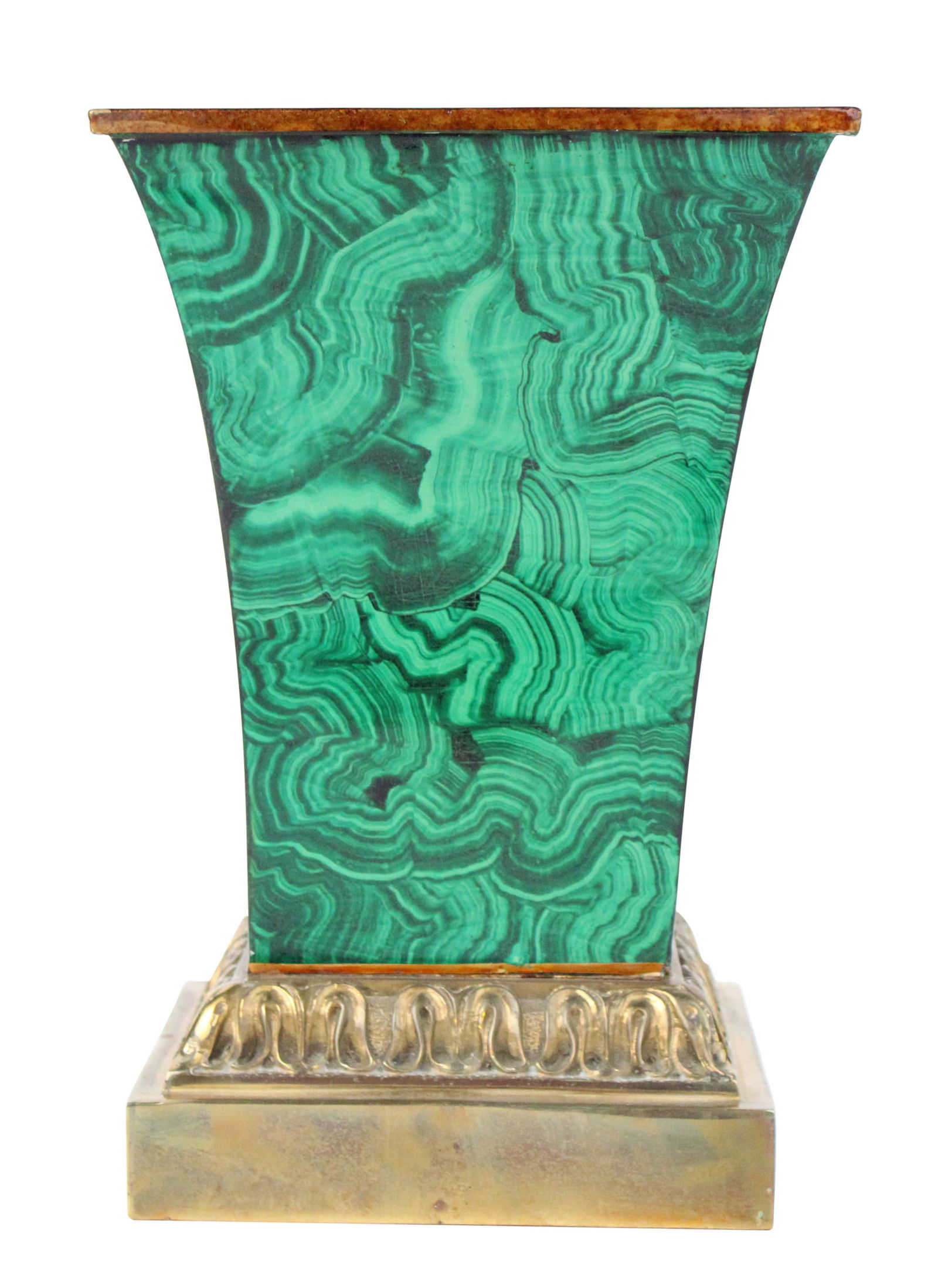 Maitland Smith Faux-Malachite Urns: Maitland Smith Faux-Malachite Urns20th C. paper label damaged.9 x 6 1/4 x 6 1/4 in. (22.9 x 15.9 x 15.9 cm.)