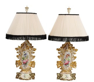 Pair of Paris Porcelain Vases, Now Fitted as Lamps