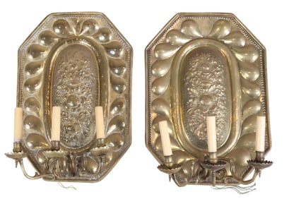 Pair of Baroque Style Brass Repousse Three Light Wall Sconces