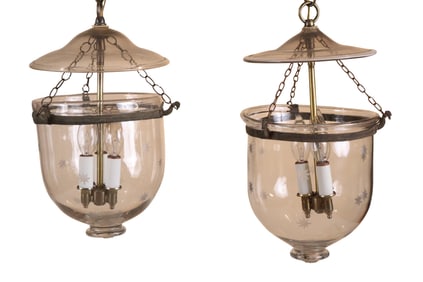 Two Similar Etched Glass and Brass Bell Jar Lanterns