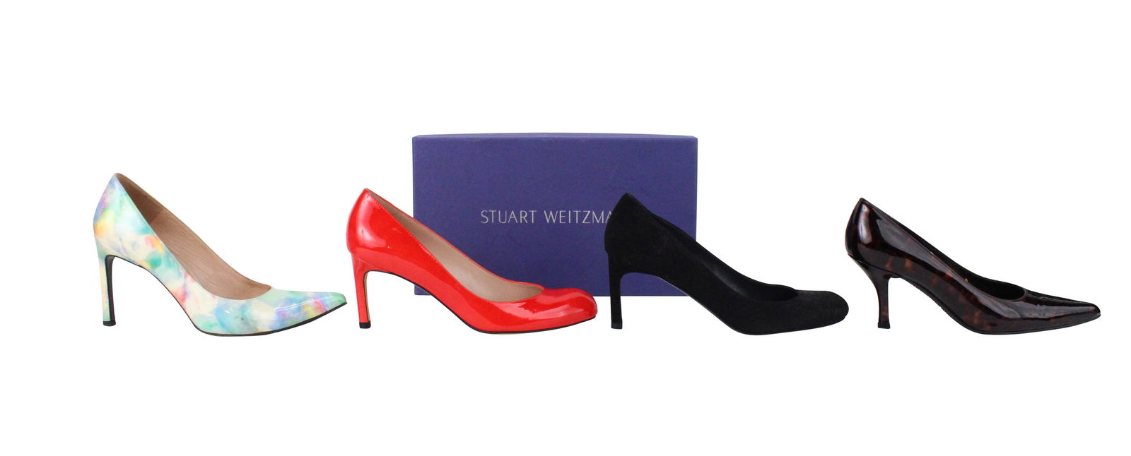 Four Pairs of Stuart Weitzman Heels: Four Pairs of Stuart Weitzman HeelsSize 6 and one 5.5, multicolor, tortoiseshell, black, and red. Two boxes.Wear, stains, scuffs associated with use.