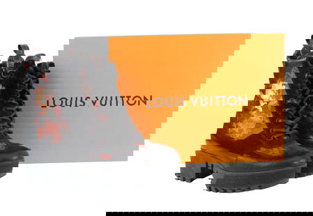 Louis Vuitton Catogram Print Combat Boots: Louis Vuitton Catogram Print Combat BootsSize 37. With original box and receipt.Wear, stains, scuffs associated with use.Provenance: The Estate of Susan Chalom, New York, NY