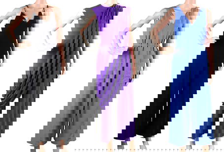 Three Jumpsuits: Three JumpsuitsComprising, a blue silk jumpsuit, unlabeled, a black Norma Kamali, size XS, and a purple jumpsuit with attached cape, unlabeled.Wear associated with use, stains.Provenance: The Estate o