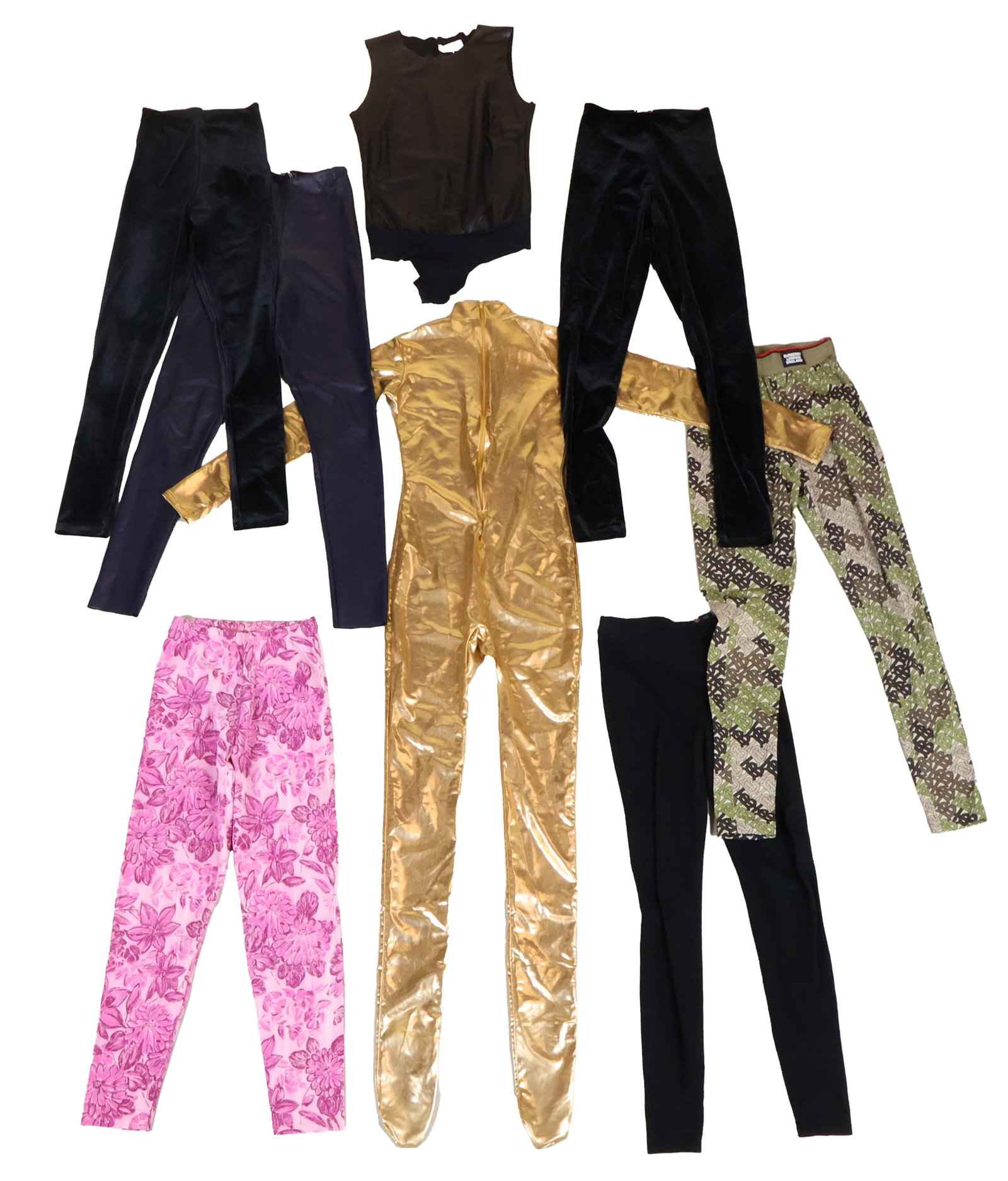 Pair of Burberry Patterned Leggings: Pair of Burberry Patterned LeggingsSize XS. Together with Commando black velvet leggings, size S and XS, a Commando black pleather sleeveless bodysuit, a pair of Commando blue pleather leggings, size