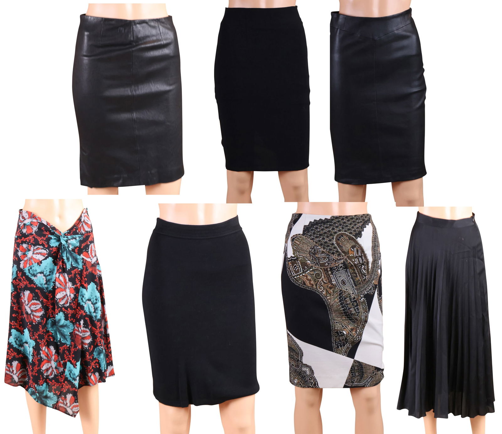 Group of Seven Designer Skirts: Group of Seven Designer SkirtsComprising, a Piazza Sempione black skirt, a DDC Lab pleather skirt, size XS, a Joseph Pleather skirt, a Dries van Noten multicolored silk skirt, size 34, a Etro geometri