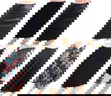 Group of Seven Designer Skirts: Group of Seven Designer SkirtsComprising, a Piazza Sempione black skirt, a DDC Lab pleather skirt, size XS, a Joseph Pleather skirt, a Dries van Noten multicolored silk skirt, size 34, a Etro geometri