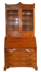 Chippendale Inlaid and Figured Mahogany Reverse-Serpentine Slant Front Desk-and-Bookcase
