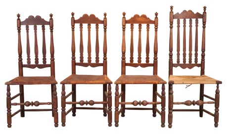 The John Brown Set of Three William and Mary Turned Maple Banister Back Side Chairs