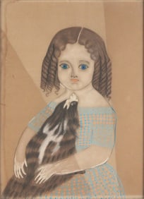 Folk Art Portrait of a Girl and Dog, Mixed Media on Paper