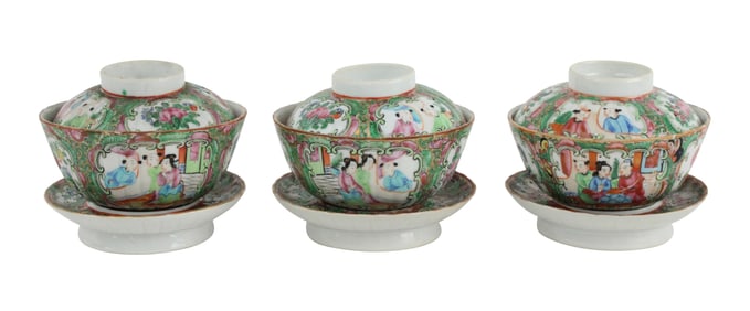 Group of Rose Medallion Gaiwan Cups and Saucers