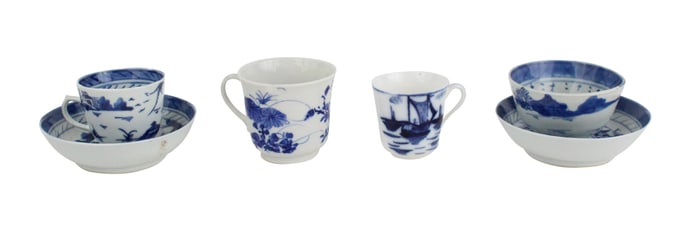 Group of Chinese Blue Canton Teacups, Saucers, and Teabowls