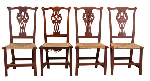Three Chippendale Red-Stained Maple Rush Seat Side Chairs
