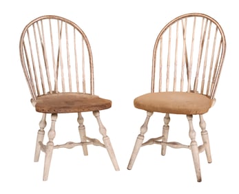 The John Brown Pair of White Painted Bow-Back Brace-Back Upholstered, Windsor Side Chairs