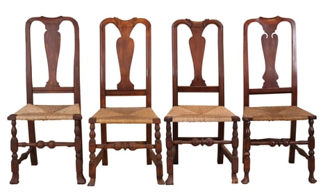 Four Queen Anne Maple Rush-Seat Side Chairs