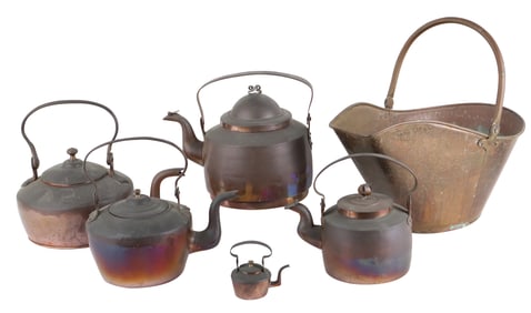 Five Vintage Brass or Copper Tea Kettles