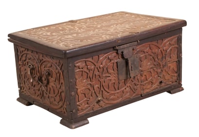 Intaglio Carved Lacquered Hardwood Strong Box