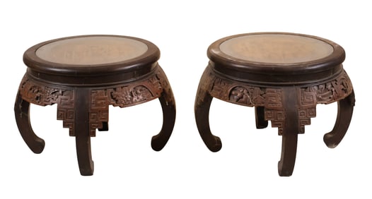 Pair of Carved Hardwood Circular Low Tables
