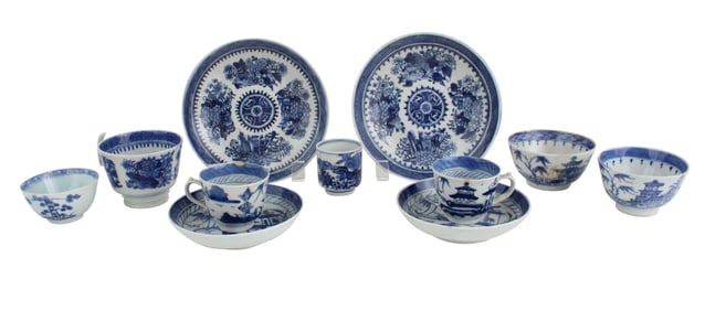 Group of Chinese Blue Canton Teacups, Tea Bowls, and Dishes