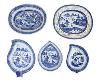 Five Chinese Blue Canton Serving Pieces