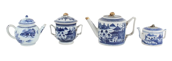 Three Chinese Blue Canton Teapots