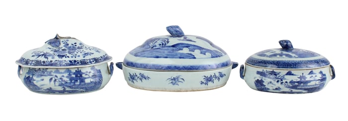 Three Chinese Blue Canton Covered Tureens